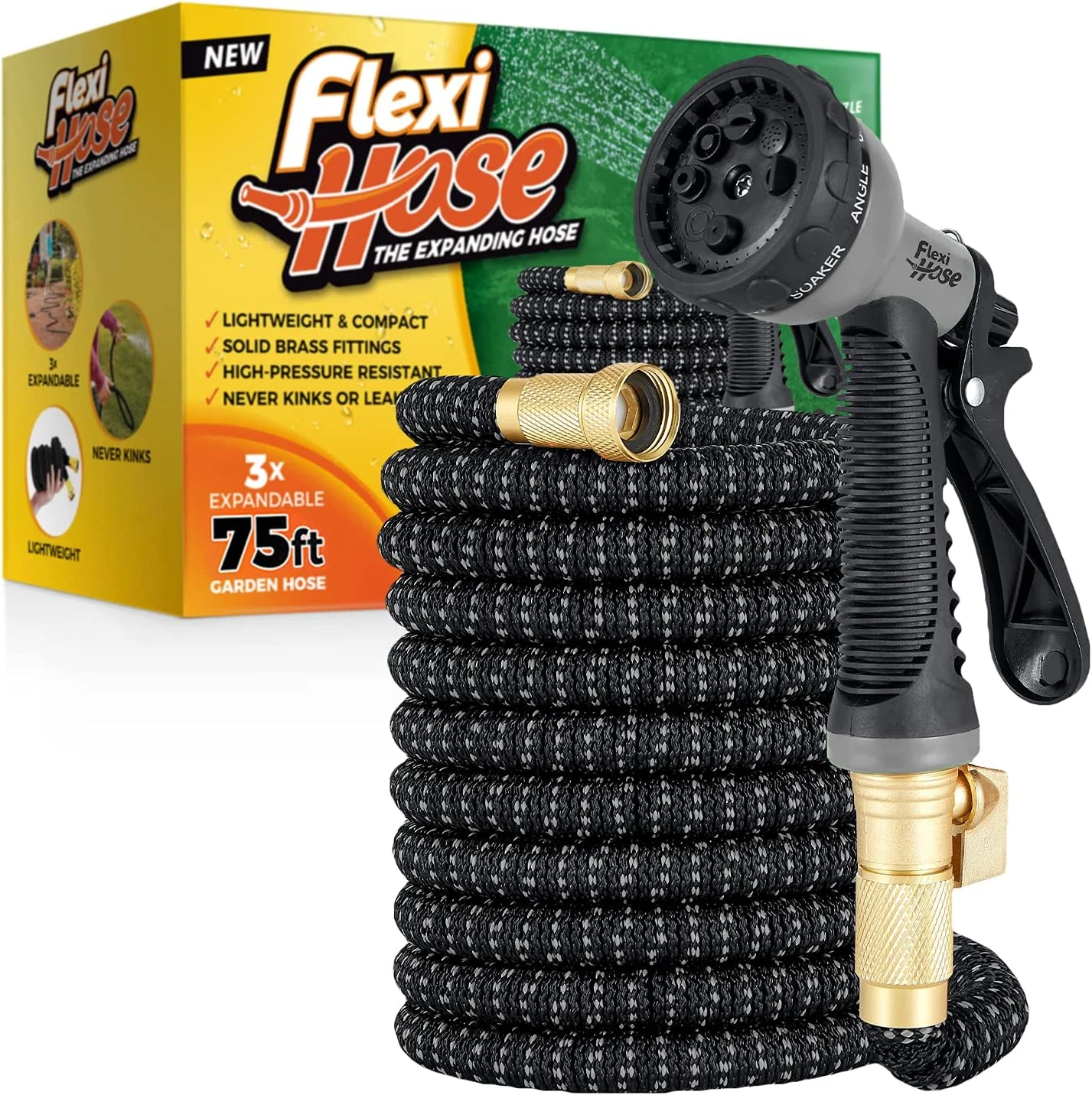MULTIPLE COLORS – Flexi Hose with 8 Function Nozzle Expandable Garden Hose, Lightweight & No-Kink Flexible Garden Hose, 3/4 inch Solid Brass Fittings and Double Latex Core, 75 ft Grey Black