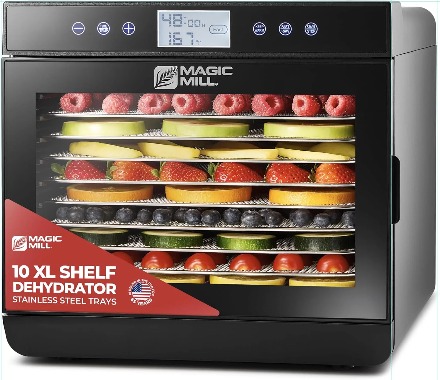 Magic Mill Premium Food Dehydrator Machine (10 Extra-Large Stainless Steel Trays) 700W Dryer for Beef Jerky, Fruits, Vegetables, Dog Treats, 48 Hour Digital Timer – 95°-167° Temperature Control