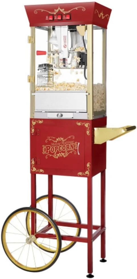 Matinee Popcorn Machine with Cart – 8oz Popper with Stainless-Steel Kettle, Warming Light, and Accessories by Great Northern Popcorn (Red)