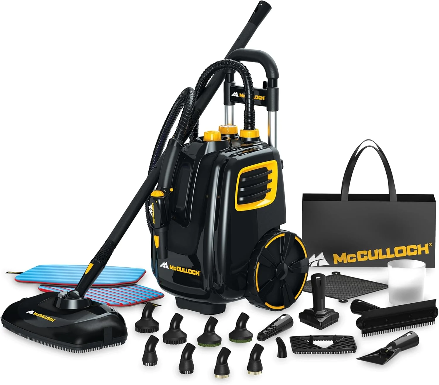 McCulloch MC1385 Deluxe Canister Steam Cleaner, 2-Hour Runtime, Chemical-Free, 23 Accessories: Mop Head, Brushes & More – Built for Home, Tile, Carpet, Furniture, & Personal Car Detailing