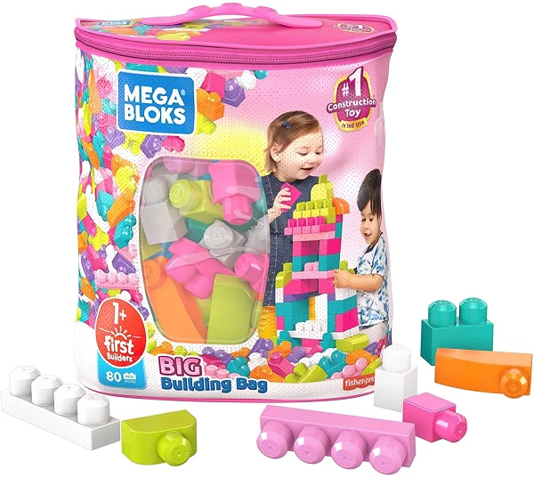 Mega Bloks First Builders Big Building Bag, Building Toys for Toddlers- Pink Bag