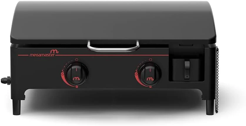 Megamaster 2-Burner Portable Gas Griddle with Built-In Lid, 18,000 BTUs, 282 SQ In Cooking Space, Small Tabletop Propane Griddle for Outdoor Cooking, Camping, BBQs, and Parties – 820-0054D