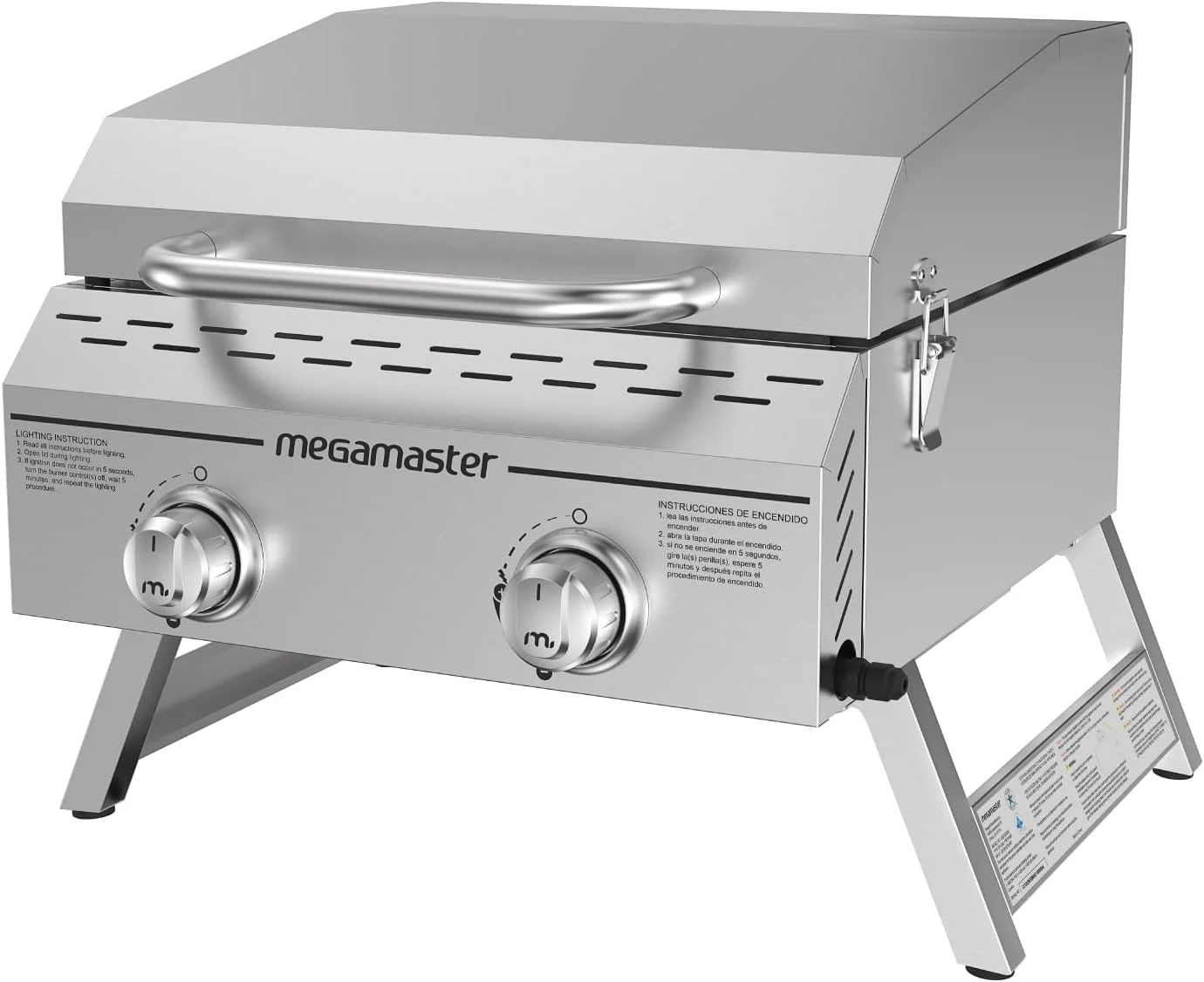 Megamaster 2-Burner Stainless Steel Portable Gas Grill with Built-In Lid, 16,000 BTUs, Foldable Legs, Small Propane Grill for Outdoor Cooking, Camping, Tailgating, Patios, and More – 820-0033M