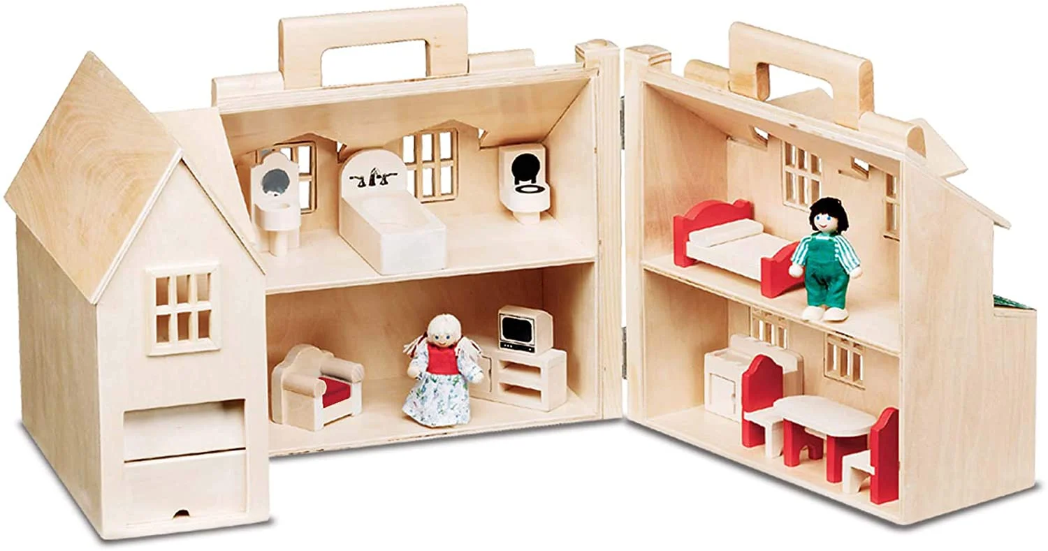 Melissa & Doug Fold & Go Wooden Dollhouse With 2 Play Figures and 11 Pieces of Furniture