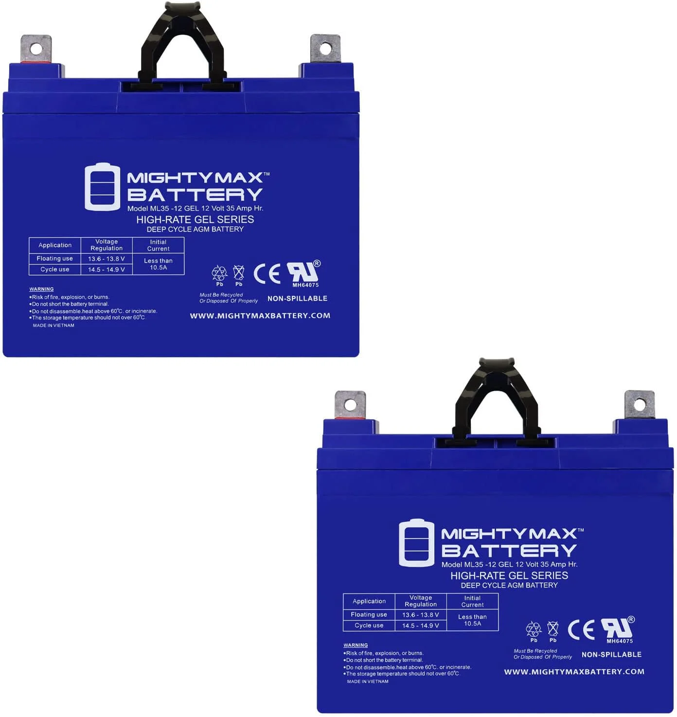 Mighty Max Battery ML35-12 GEL – 12 Volt 35 AH, GEL Type, Nut and Bolt (NB) Terminal, Rechargeable AGM Battery – 2 Pack