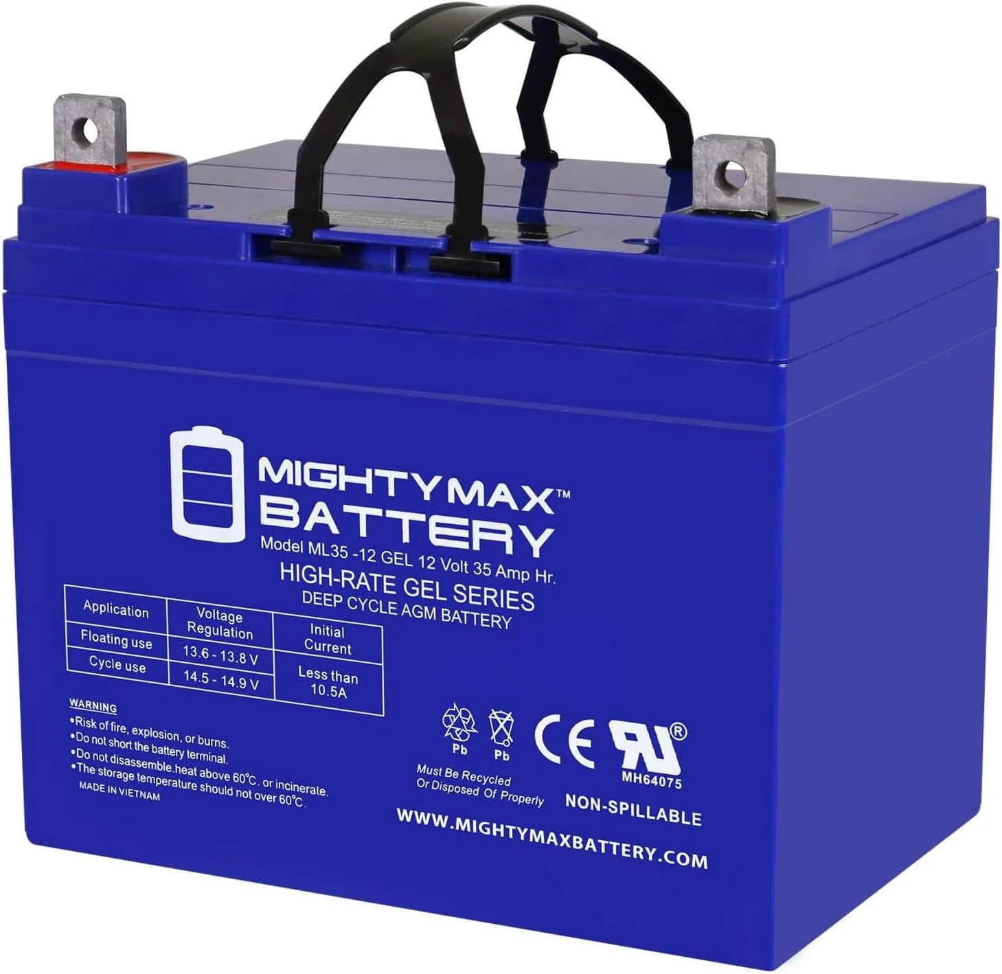 Mighty Max Battery ML35-12 Gel – 12 Volt 35 AH, Gel Type, Nut and Bolt (NB) Terminal, Rechargeable AGM Battery
