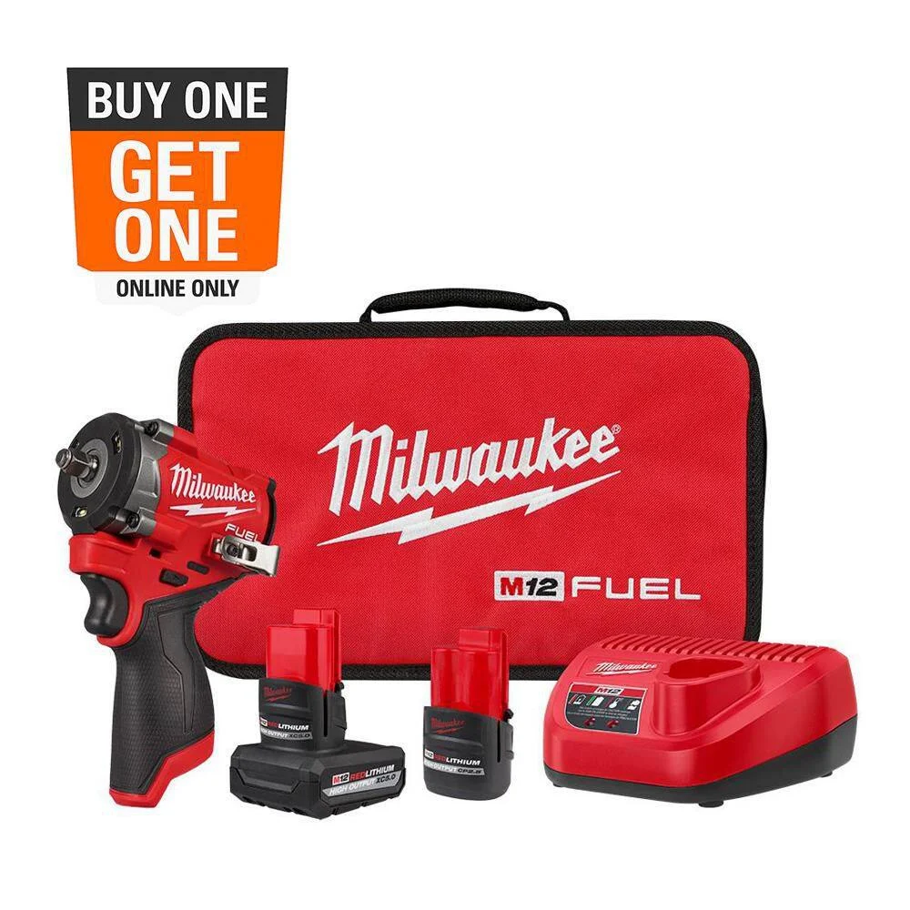 Milwaukee 2562-22 M12 FUEL 12V Li-Ion Brushless Cordless Stubby 3/8 in. Impact Wrench Kit w/(1) 5.0Ah & (1) 2.5 Ah High Output Batteries