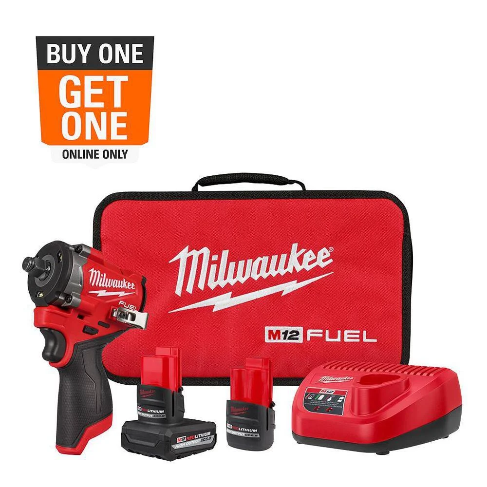 Milwaukee 2563-22 M12 FUEL 12V Li-Ion Brushless Cordless Stubby 1/2 in. Impact Wrench Kit w/(1) 5.0Ah & (1) 2.5 Ah High Output Batteries
