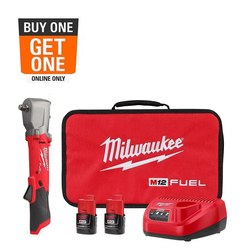 Milwaukee 2565-22 M12 FUEL 12V Lithium-Ion Brushless Cordless 1/2 in. Right Angle Impact Wrench Kit with Two 2.0 Ah Batteries