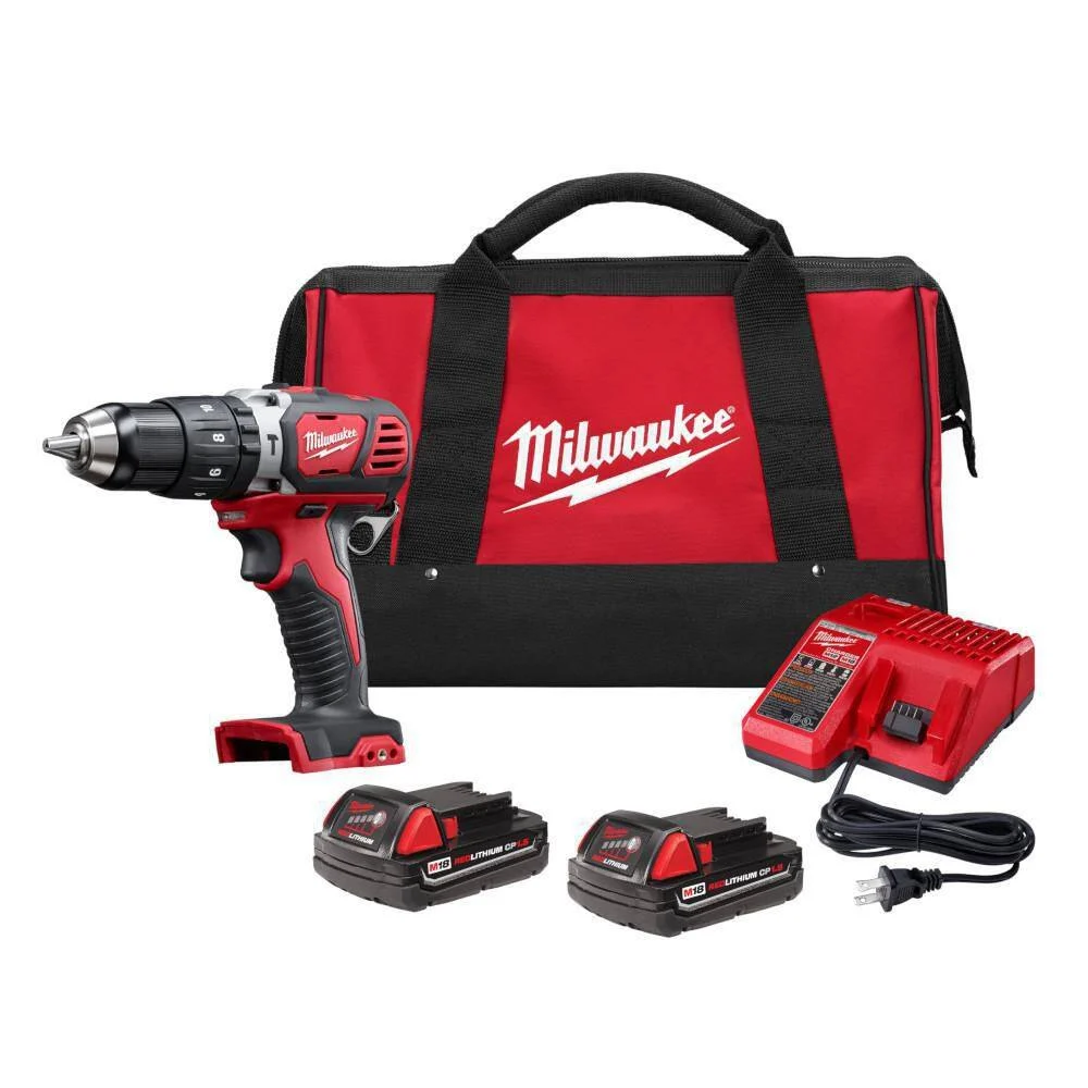 Milwaukee 2607-22CT M18 Lithium-Ion Cordless 1/2 in. Hammer Drill Driver Kit with(2) 1.5Ah Batteries, Charger and Hard Case