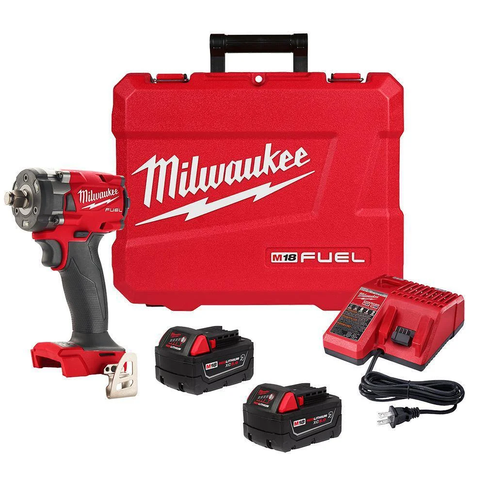 Milwaukee 2855-22R M18 FUEL 18V Lithium-Ion Brushless Cordless 1/2 in. Compact Impact Wrench with Friction Ring Kit, Resistant Batteries