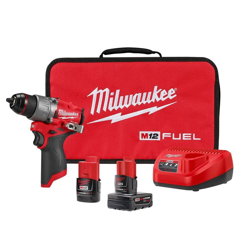 Milwaukee 3404-22 M12 FUEL 12V Lithium-Ion Brushless Cordless 1/2 in. Hammer Drill Kit with 4.0 Ah and 2.0 Ah Battery and Soft Case