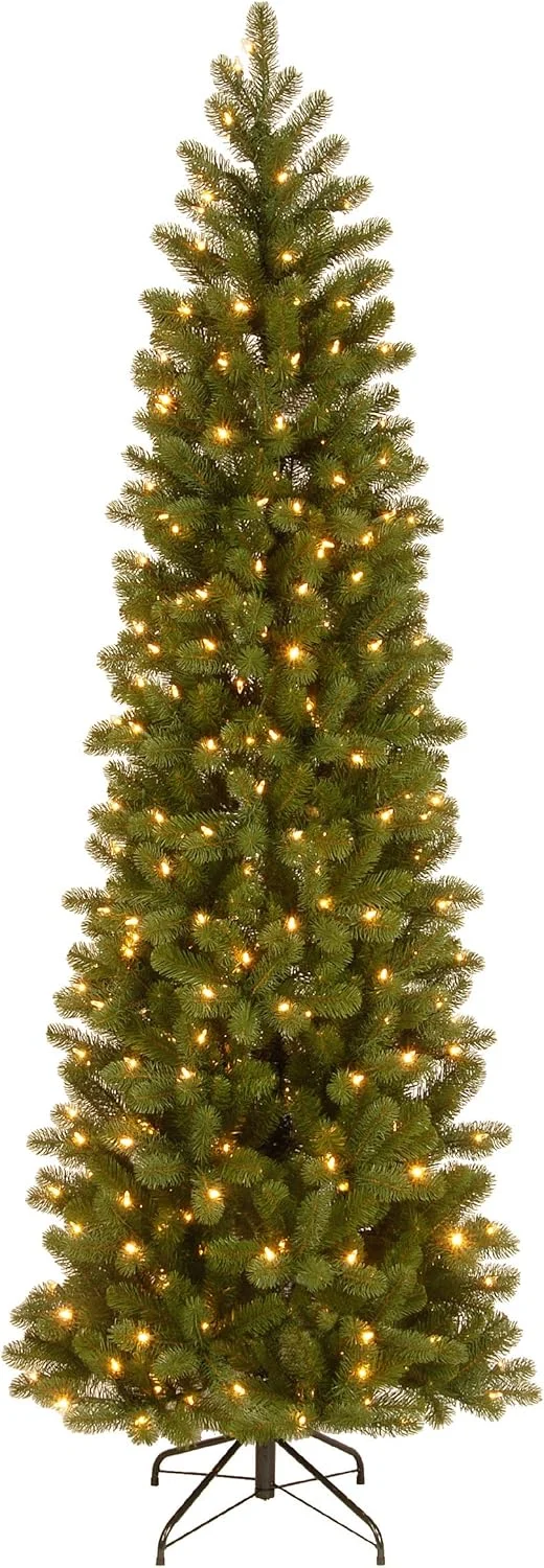 National Tree Company 7.5 ft Pre-Lit Downswept Douglas Fir Slim Artificial Christmas Tree, 350 LED Lights, 796 Tips, Foot Pedal, 10 Light Functions, Includes Stand, Green