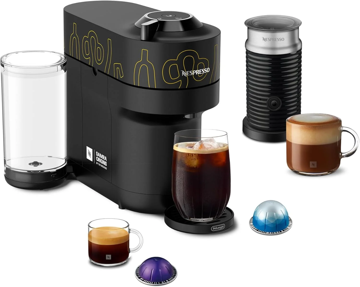 Nespresso Vertuo Pop+ Coffee and Espresso Maker by De’Longhi, Samra Origins by The Weeknd Vertuo Buna Yellow Aeroccino3 milk frother