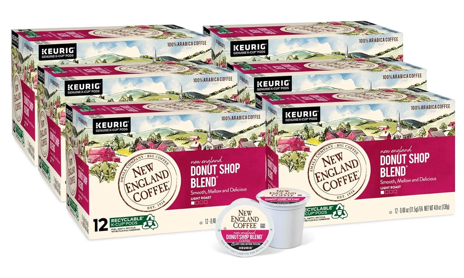 New England Coffee Donut Shop Blend Light Roast Single Serve Pods, 12ct Box (Pack of 6)