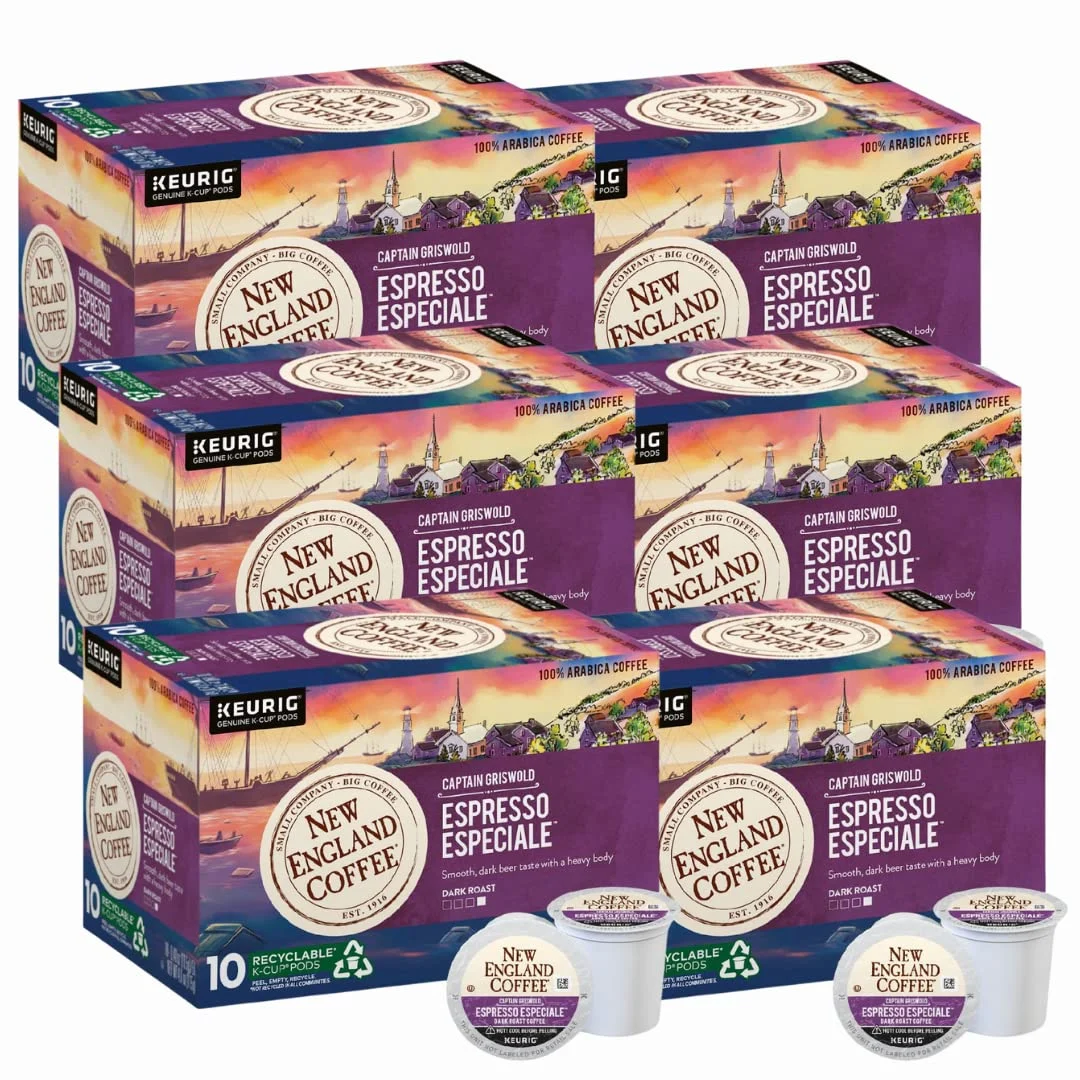 New England Coffee Espresso Especiale Dark Roast Single Serve Pods, 10ct Box (Pack of 6)