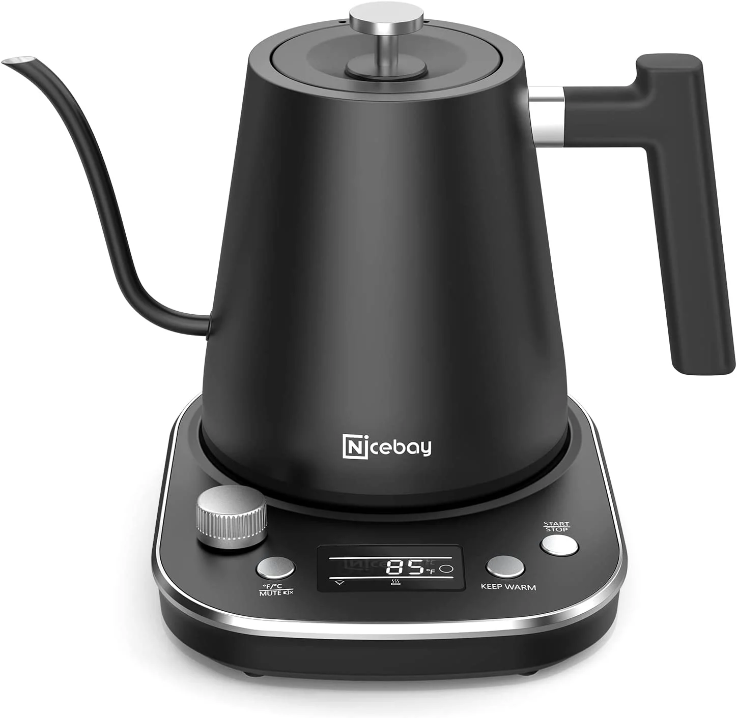 Nicebay Electric Gooseneck Kettle, Electric Kettle with Heating Base with Buttons and LED Display, Pure Stainless Steel Inner Electric Tea Kettle, 1200W Fast Heating, Pour Over Coffee Kettle, 0.8L