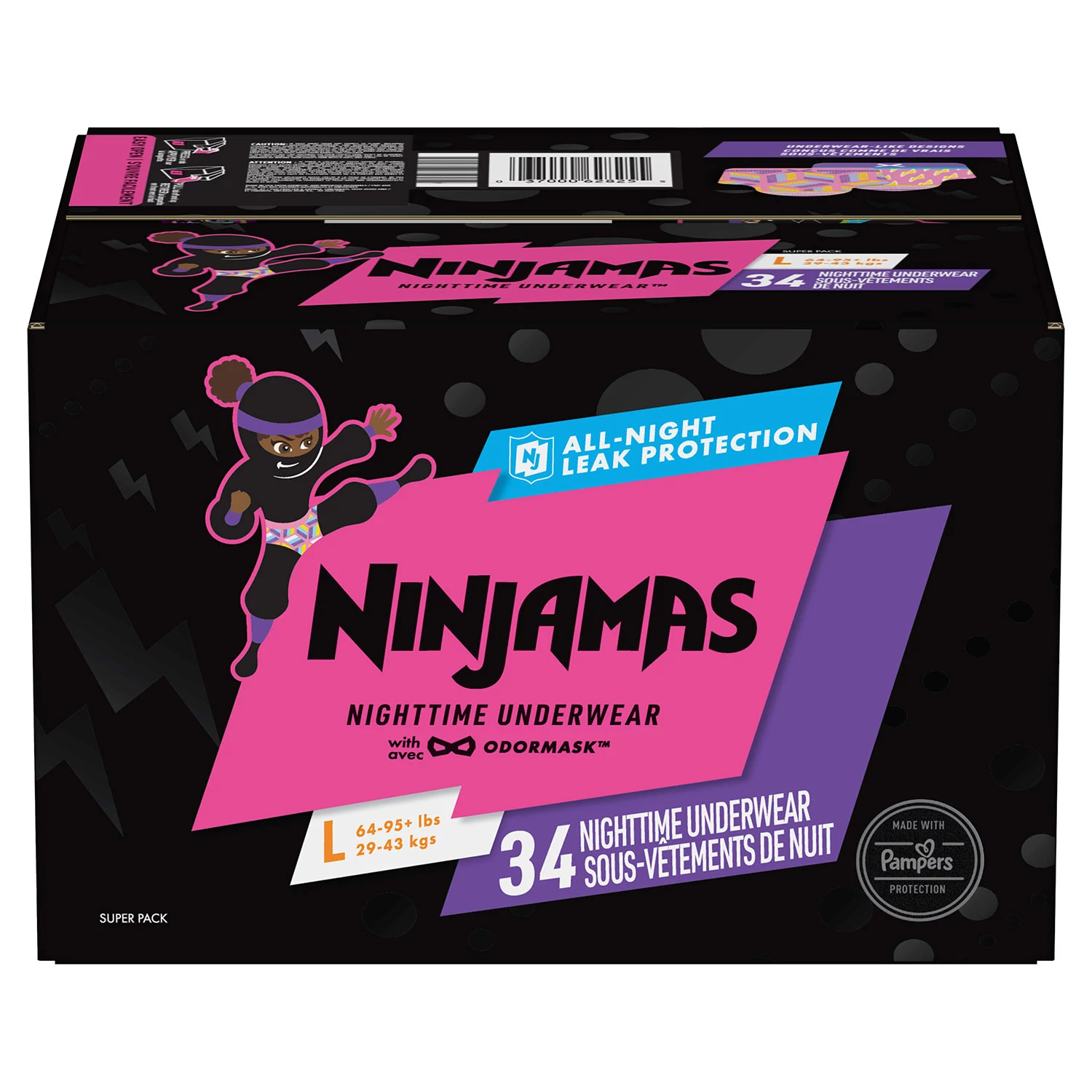 Ninjamas Nighttime Bedwetting Underwear for Girls, Size L/XL (64 – 125 lbs.) – 34 ct.