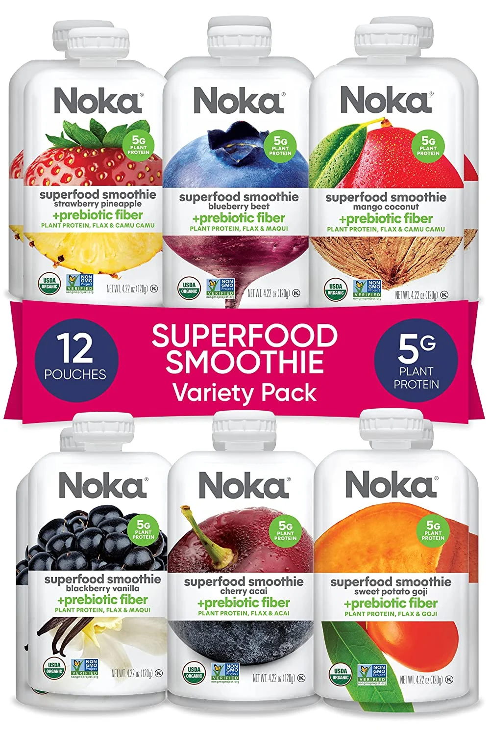 Noka Superfood Smoothie Pouches, Healthy Fruit Squeeze Snack Pack (Pack of 12)