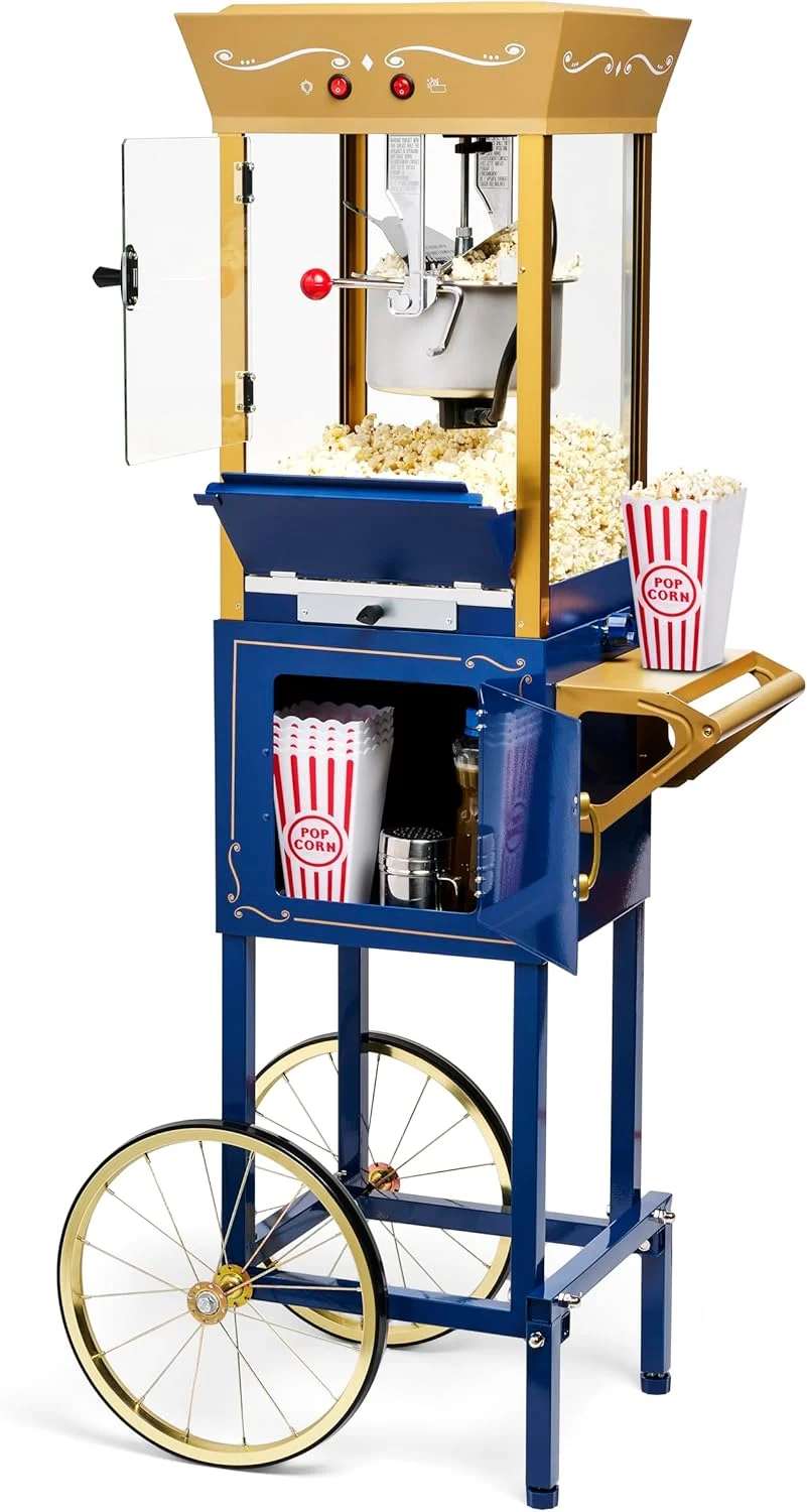 Nostalgia Popcorn Maker Machine – Professional Cart With 8 Oz Kettle Makes Up to 32 Cups – Vintage Popcorn Machine Movie Theater Style – Navy & Gold