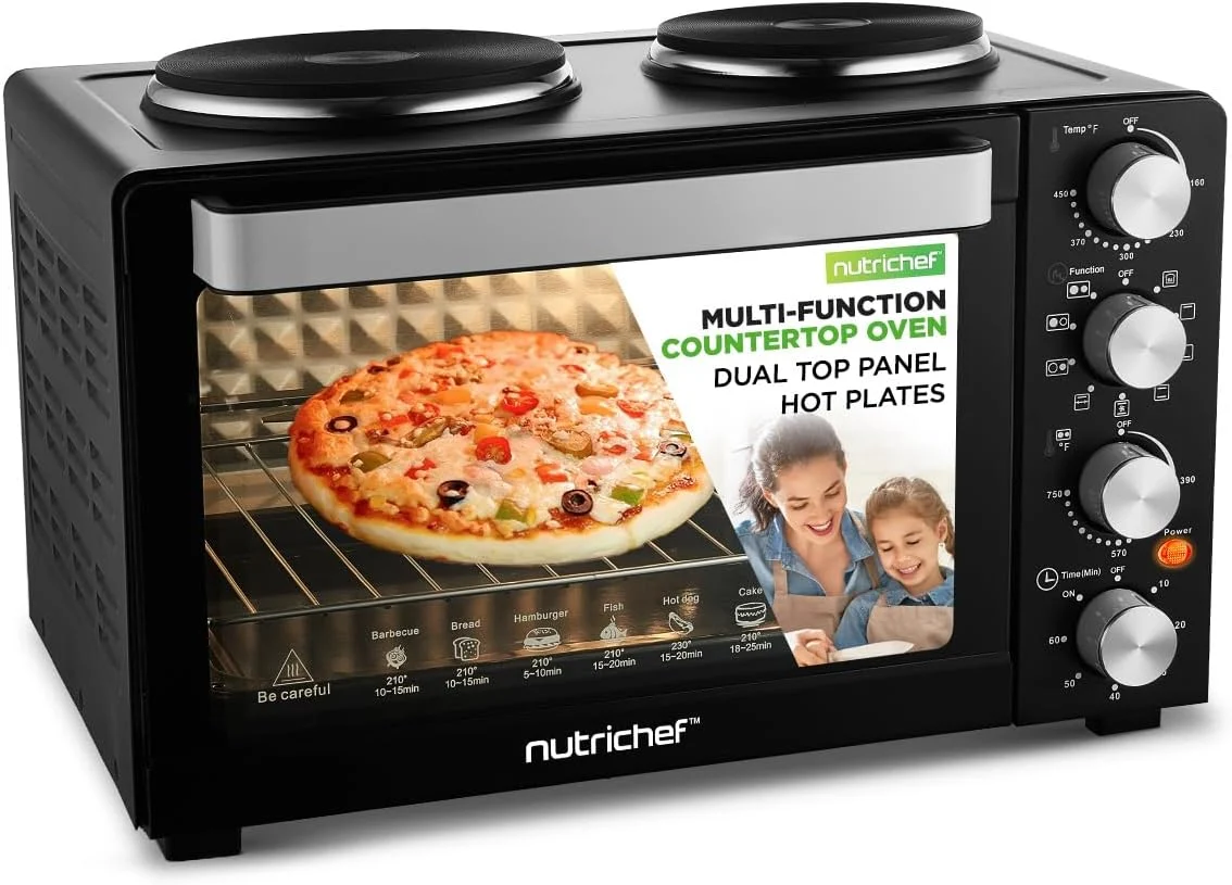 NutriChef 30 Quart Kitchen Convection Oven & 2 Burner Cooker – 1500 Watt Oven – 7 Cook Functions Rotisserie, Cook, Bake, Broil & More – Includes Baking Tray, Skewers & Handles – 19.6 x 16.0 x 13.5 IN
