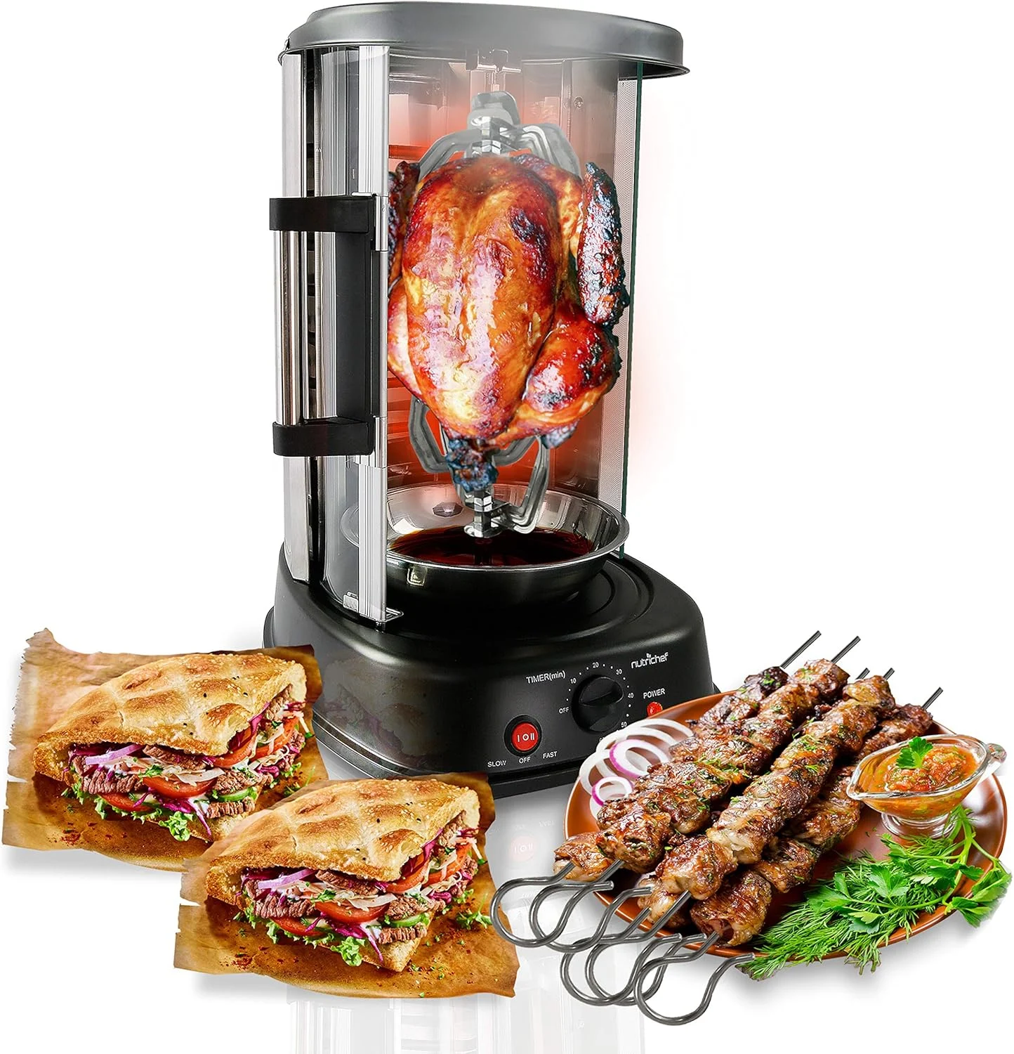 NutriChef Countertop Vertical Rotating Oven – Rotisserie Shawarma Machine, Kebob Machine, Stain Resistant & Energy Efficient W/Heat Resistant Door, Includes Kebob Rack with 7 Skewers