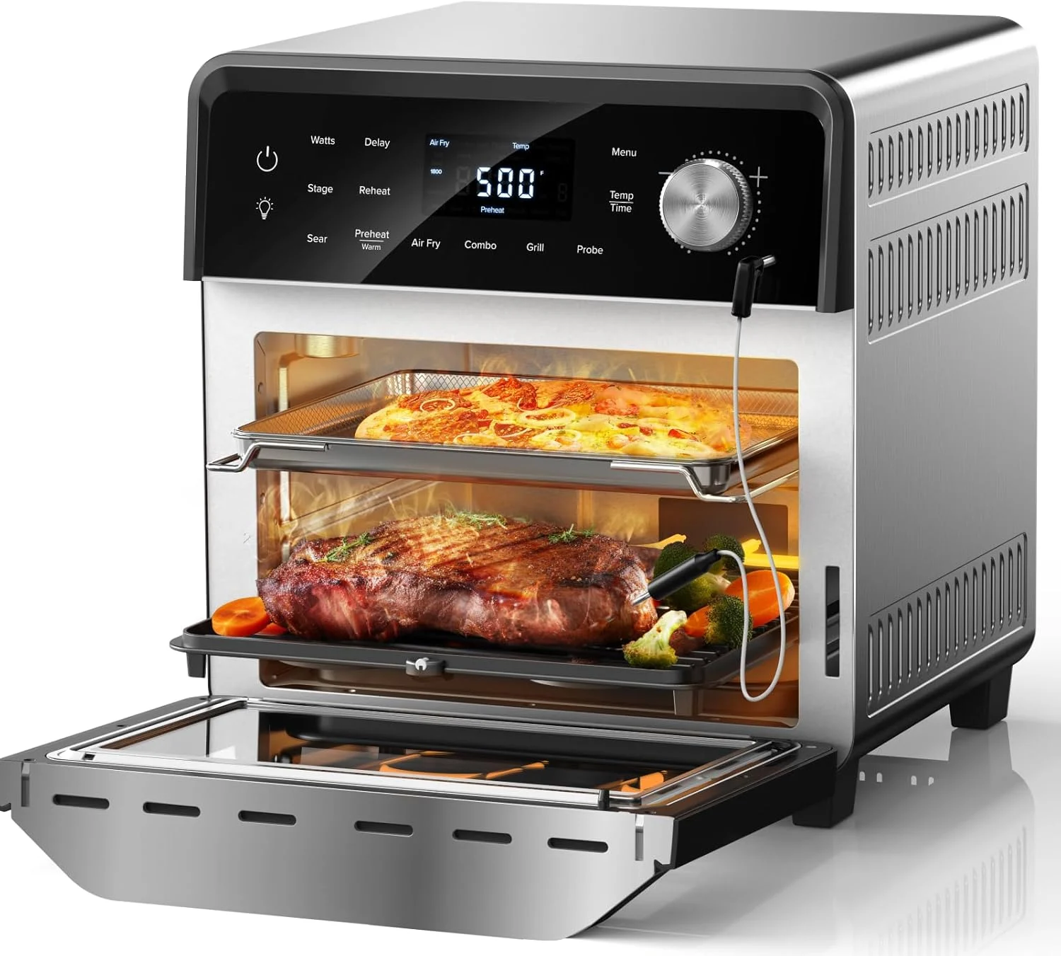 Nuwave Air Fryer Grill Oven Combo, TRUE Char & Flavor, 100 in 1 Super Convection Toaster Oven Countertop, Excellent Thermal Insulation, POWERPORT™ Plug-In Grill, 550°F, Stainless Steel