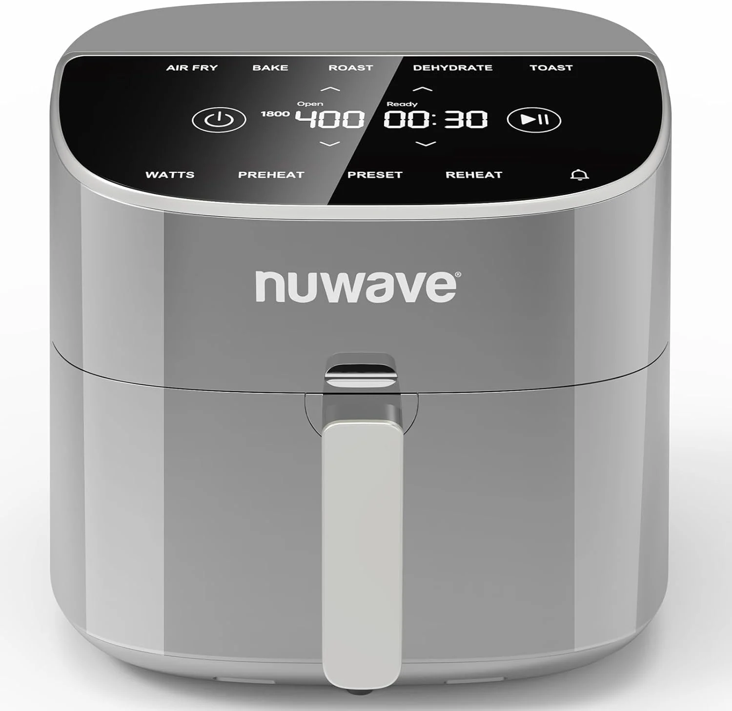 Nuwave Brio Plus 8 Qt Air Fryer, PFAS Free, New & Improved, Digital Touch Screen, Cool White Display, 50°F~400°F in Precise 5°, 5 Cook Functions, 100 Presets & 50 Memory, 3 Wattages 700, 1500, 1800, Cool Gray