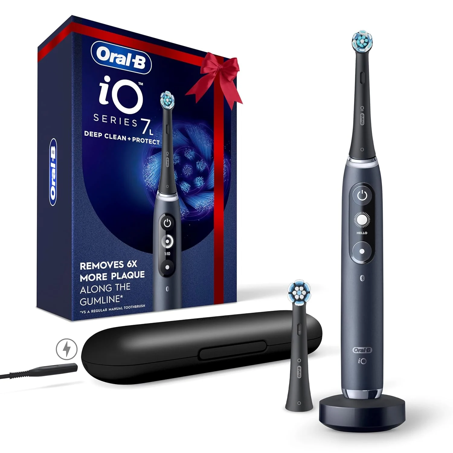 Oral-B iO Deep Clean + Protect Rechargeable Electric Toothbrush, Black, iO Series 7, 2 Replacement Brush Heads, Charging Travel Case