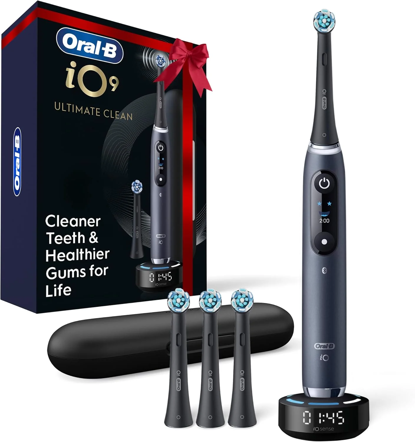 Oral-B iO Series 9 Limited Rechargeable Black Electric Toothbrush with (2) Ultimate Clean and (1) Gentle Care Replacement Brush Heads, Black, Travel Case and Charger