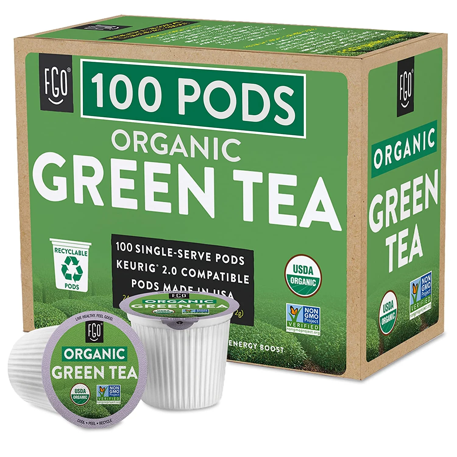 FGO Organic Green Tea K-Cup Pods, 100 Pods- Keurig Compatible – Naturally Occurring Caffeine, Premium Green Tea is USDA Organic, Non-GMO, & Recyclable