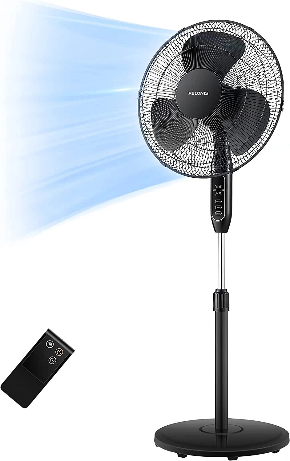 PELONIS 16” Pedestal Remote Control, Oscillating Stand Up Fan 7-Hour Timer, 3-Speed and Adjustable Height, PFS40A4BBB, Supreme 16″-Black