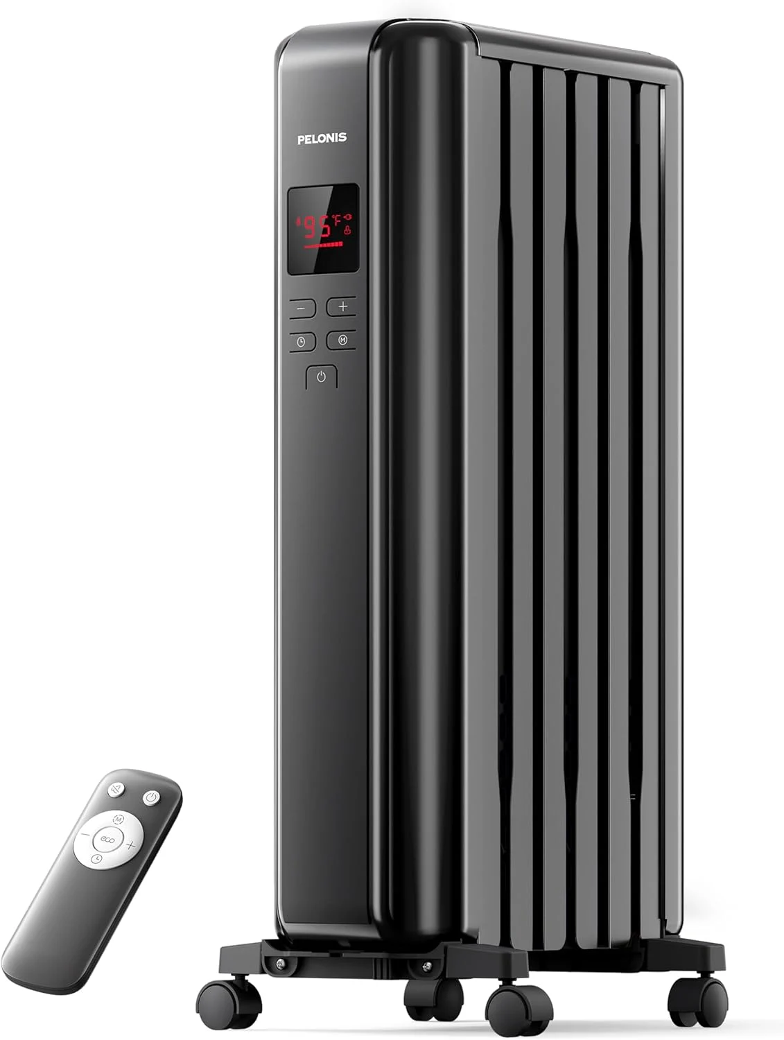 PELONIS Oil Filled Radiator Heater for Indoor Use Large Room with Remote, Electric Space Heater with Thermostat, Energy Efficient with ECO Mode, 24H Timer, Quiet, Overheat & Tip-Over Protection, 1500W, Black