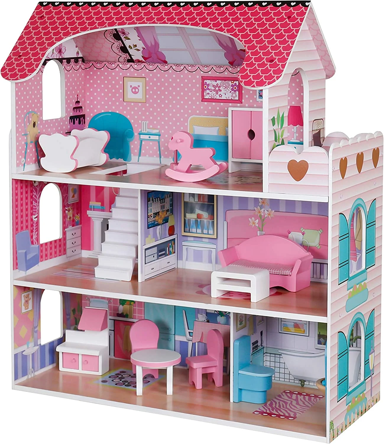 PIDOKO KIDS Wooden Dollhouse – Includes 12 Pcs Furniture Accessories – Wood Doll House for 3 4-5 Year Old Girls