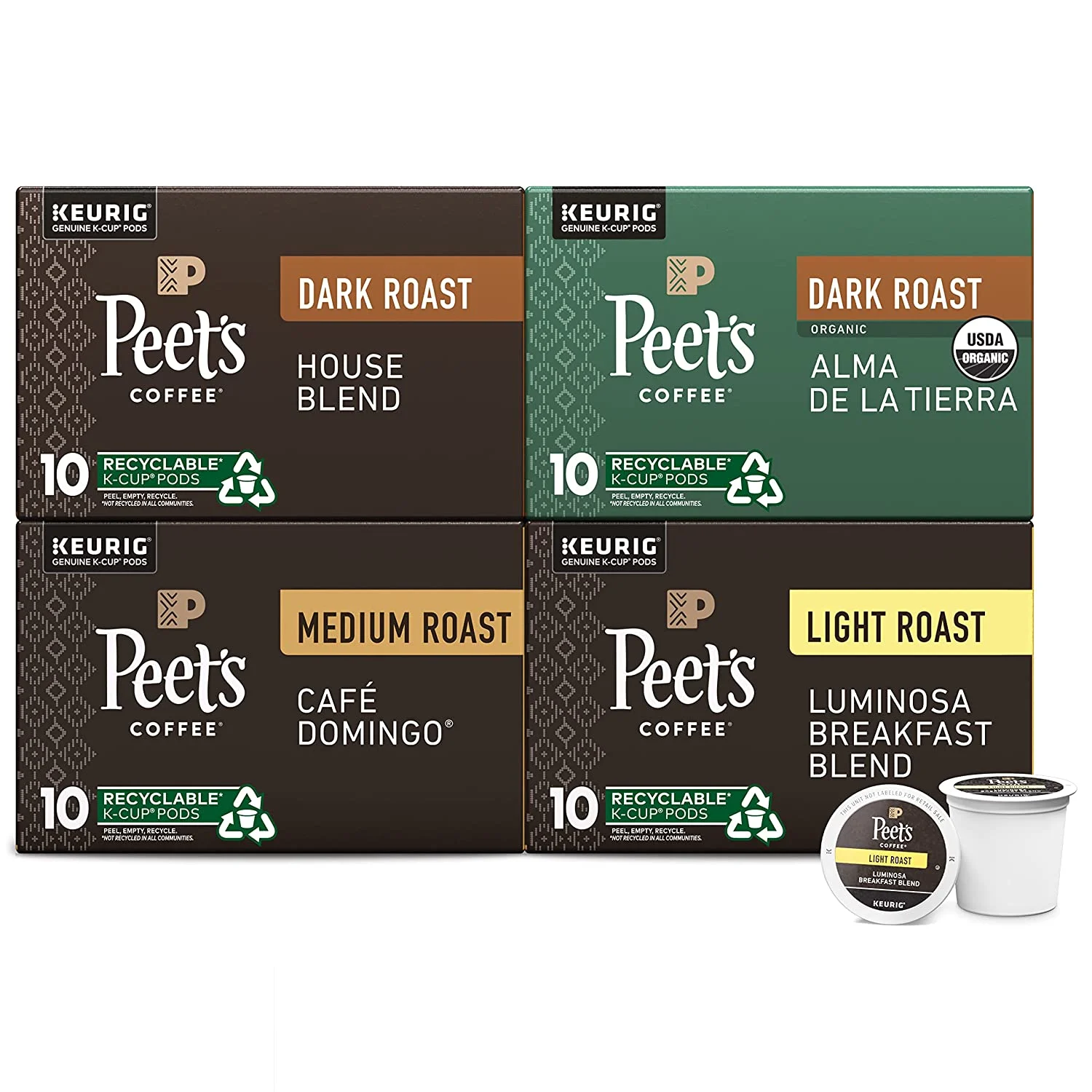 Peet’s Coffee, Dark, Medium, and Light Roast K-Cup Pods for Keurig Brewers – Variety Pack, Luminosa Breakfast Blend, Café Domingo, Organic Alma De La Tierra, House Blend, 40 Count (4 Boxes of 10 K-Cup Pods) Packaging May Vary