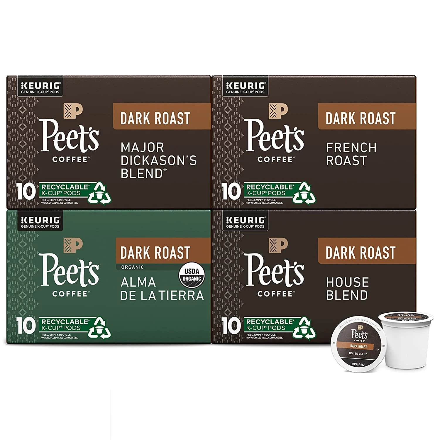 Peet’s Coffee, Dark Roast Variety Pack – 40 K-Cup Pods for Keurig Brewers , Major Dickason’s Blend, French Roast, Organic Alma De La Tierra, House Blend (Pack of 40)