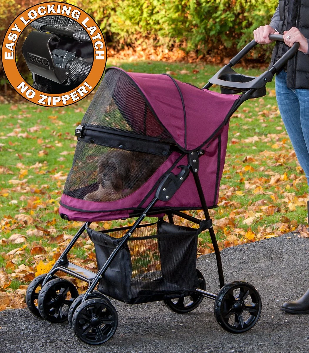 Pet Gear Happy Trails Lite No-Zip Pet Stroller, Zipperless Entry, Easy Fold with Removable Liner, Storage Basket + Cup Holder, Boysenberry