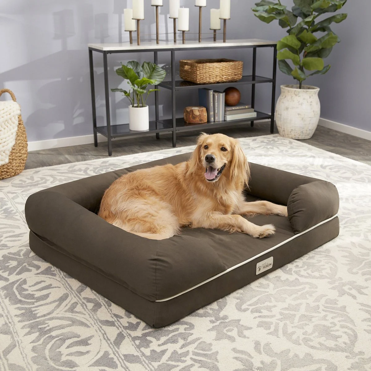 PetFusion Ultimate Lounge Memory Foam Bolster Cat & Dog Bed w/Removable Cover – Brown – X-Large (44×34″)