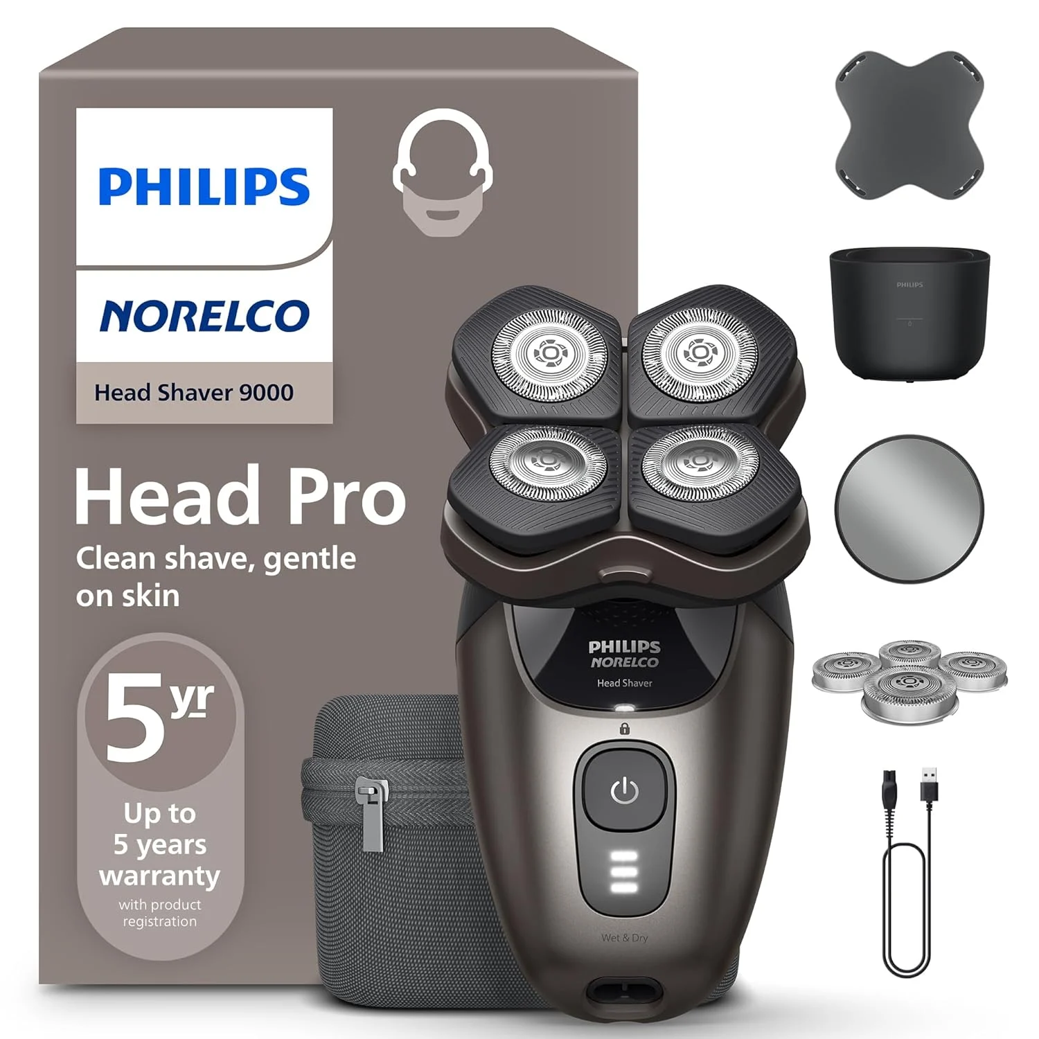 Philips Norelco Head Shaver Pro 9000 Series – Skull Shaver for Men and Women, 360° Flexing Head & ComfortCut Blades for Clean Shave, Gentle on Skin, Model HS9980 40