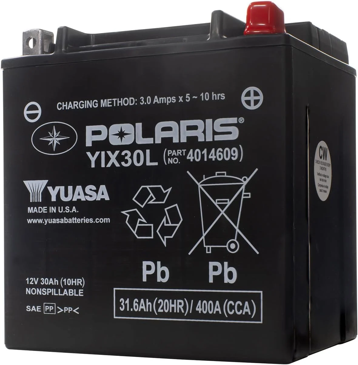 Polaris 12V 30Ah Sealed Rechargeable AGM Battery for Specific Sportsman, Scrambler, ACE, RANGER, RZR, Snowmobile, Slingshot Models, YIX30L, 400A CCA, Spill Proof, Maintenance Free – 4014609