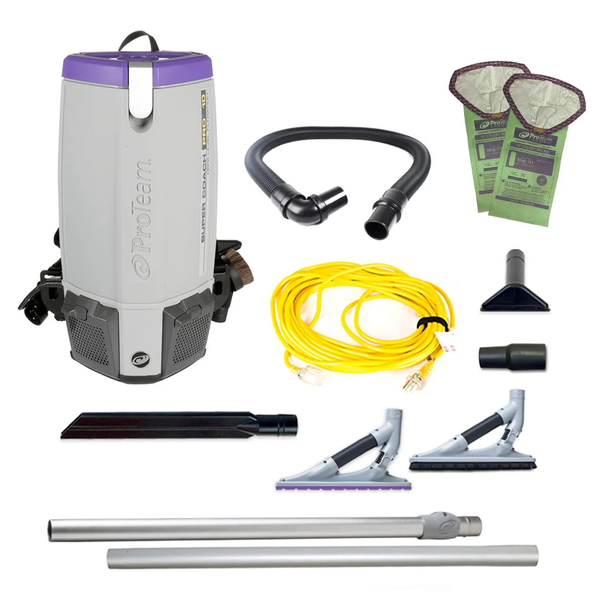 ProTeam Super Coach Pro 10 Commercial Backpack Vacuum with ProBlade Hard Surface and Carpet Tool Kit, 10 Quart, Corded, 107538