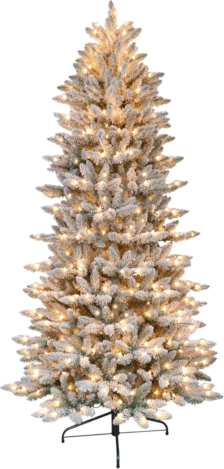 Puleo International 7.5 Foot Pre-Lit Slim Flocked Fraser Fir Artificial Christmas Tree with 500 UL Listed Clear Lights