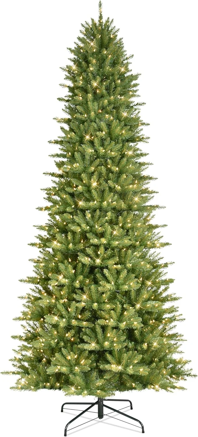 Puleo International 9ft Pre-Lit Slim Fraser Christmas Tree with 800 Clear Lights, 2093 Realistic Dense Branch Tips, Easy Setup Artificial Trees with Sturdy Metal Stand