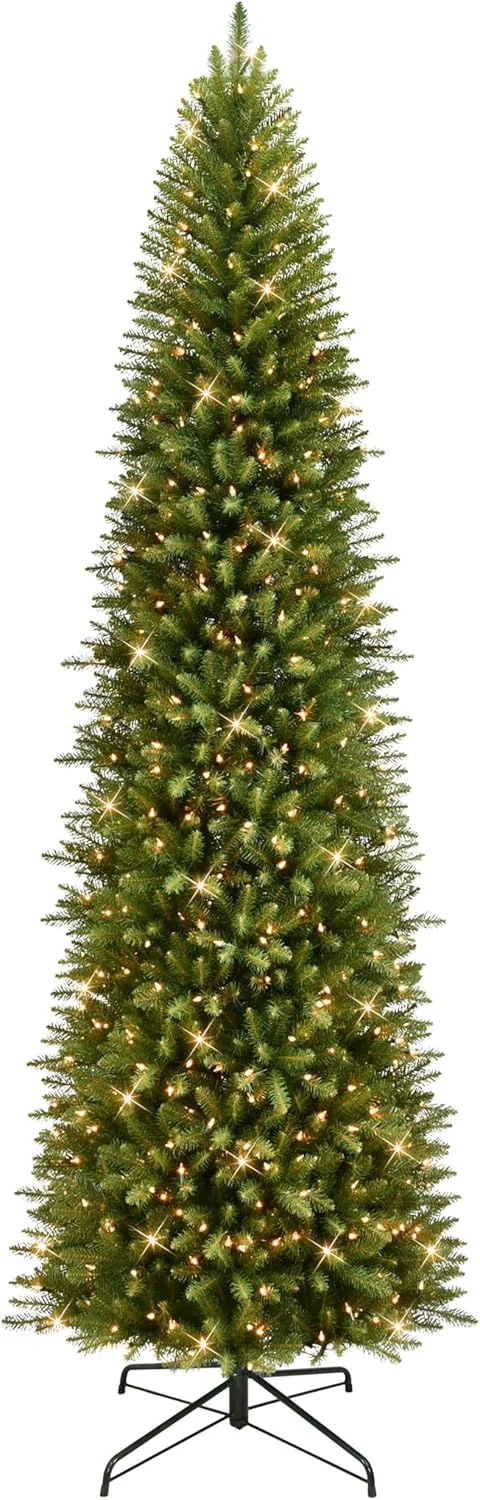 Puleo International 9ft Pre-Lit Slim Fraser Fir Christmas Tree with 550 Clear Lights, 1828 Realistic Dense Branch Tips, Easy Setup Artificial Trees with Sturdy Metal Stand