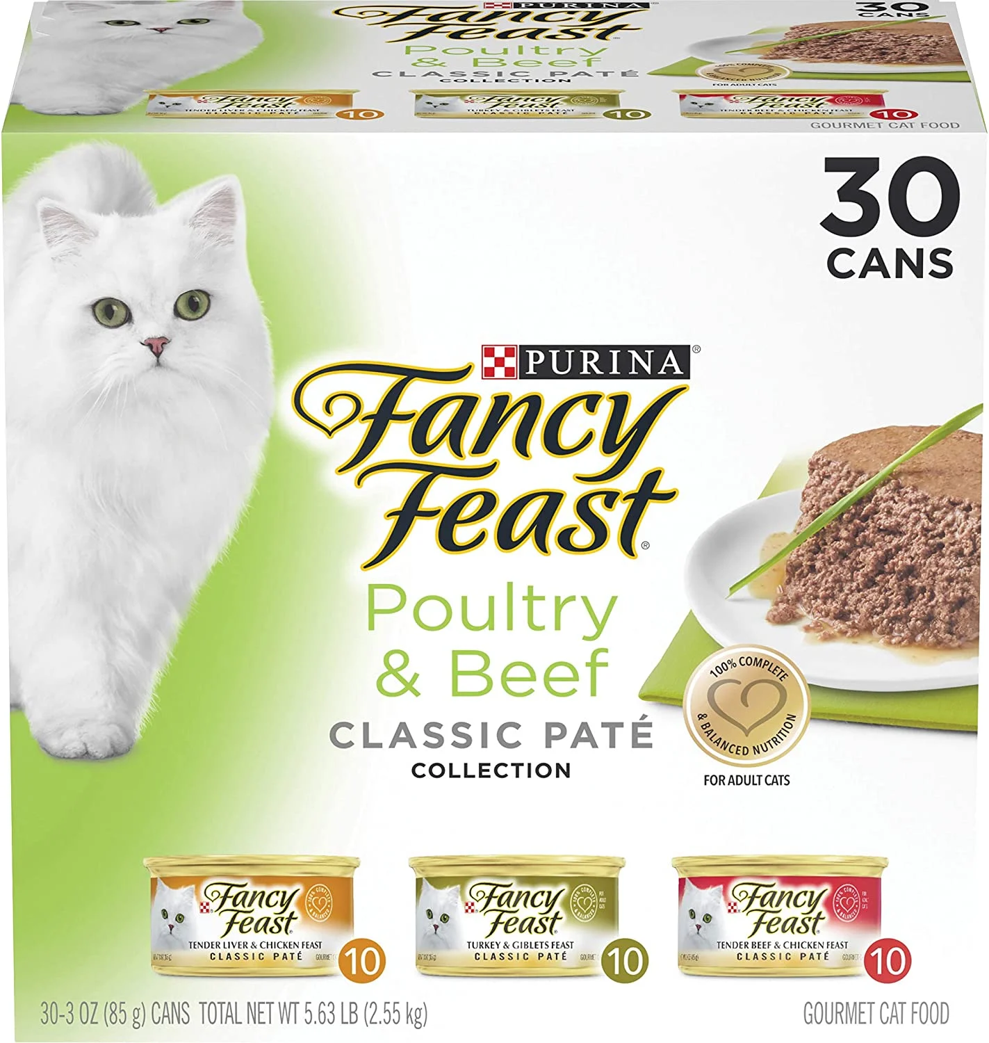 Purina Fancy Feast Grain Free Pate Wet Cat Food Variety Pack, Poultry & Beef Collection – (30) 3 oz. Cans