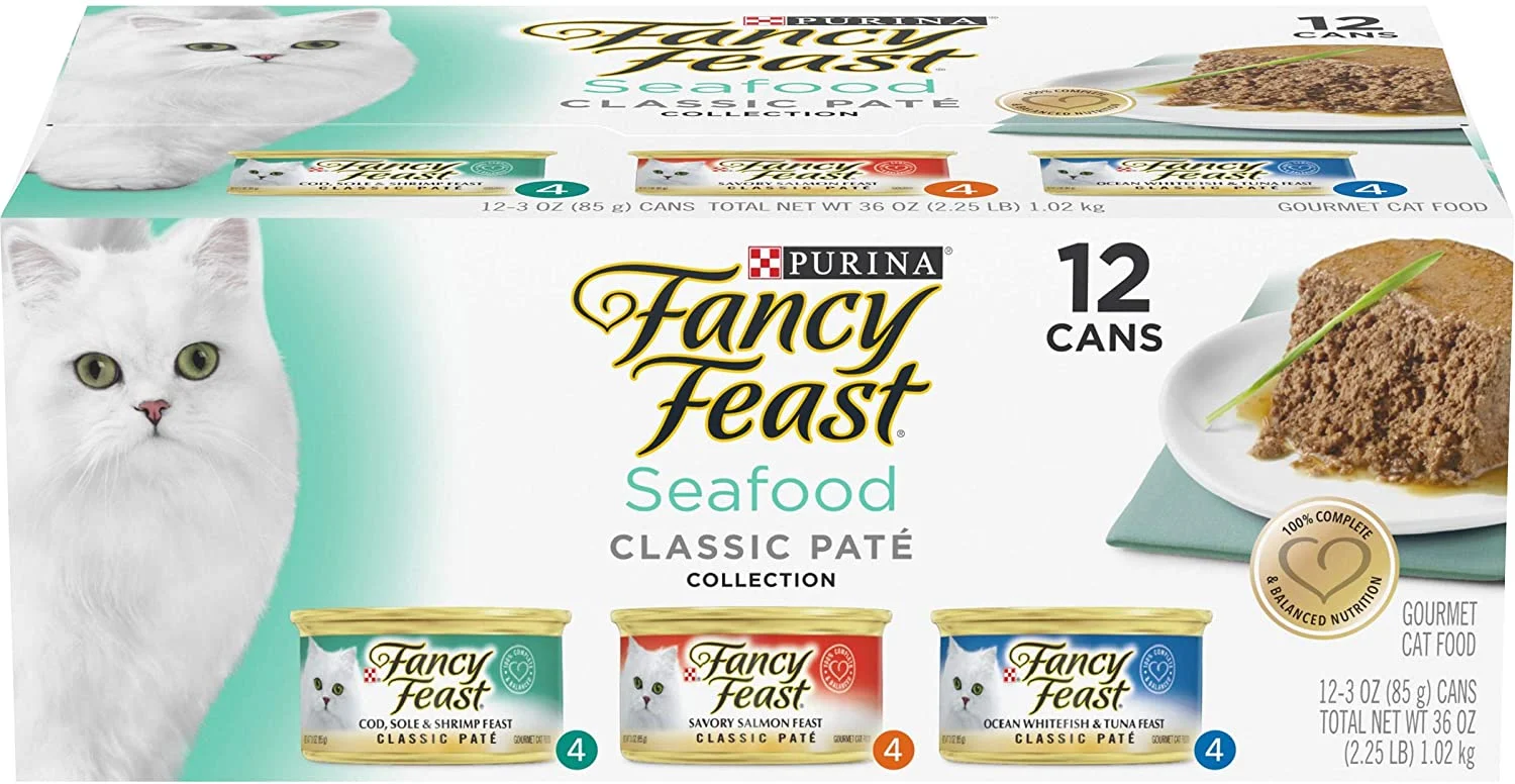Purina Fancy Feast Grain Free Pate Wet Cat Food Variety Pack, Seafood Classic Pate Collection – (2 Packs of 12) 3 oz. Cans