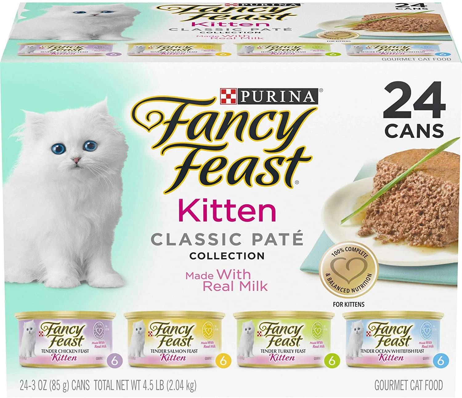 Purina Fancy Feast Grain Free Pate Wet Kitten Food Variety Pack, Kitten Classic Pate Collection, 4 flavors – (24) 3 oz. Boxes