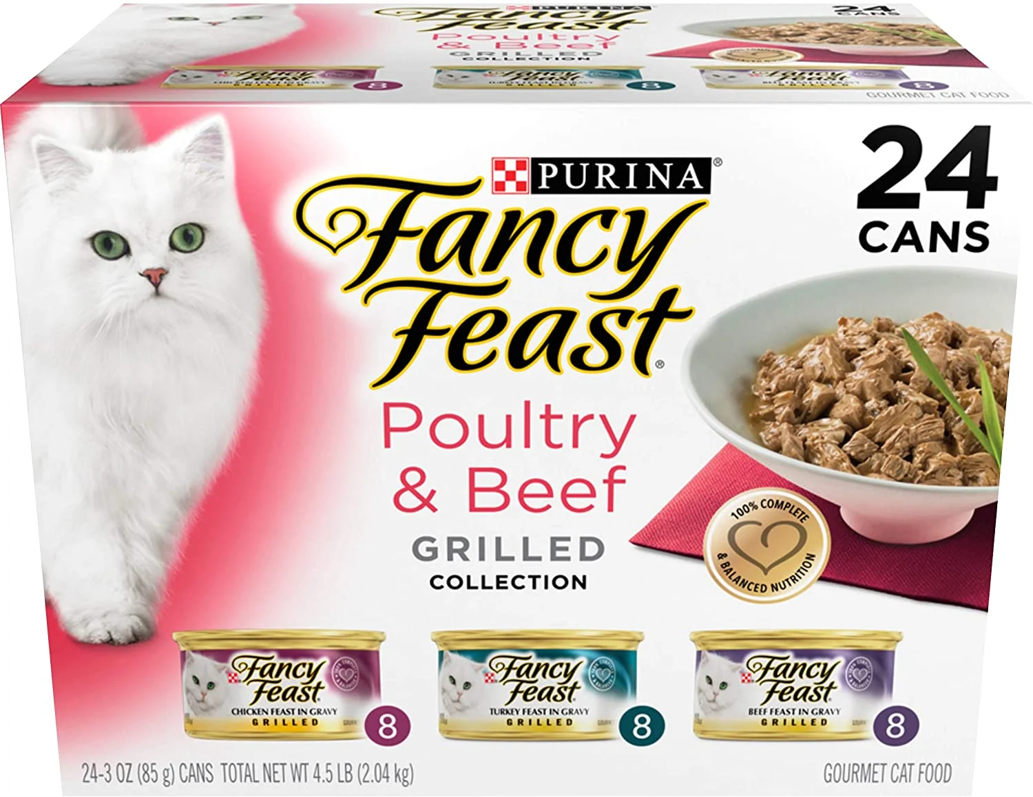 Purina Fancy Feast Gravy Wet Cat Food Variety Pack, Poultry and Beef Grilled Collection – (24) 3 oz. Cans