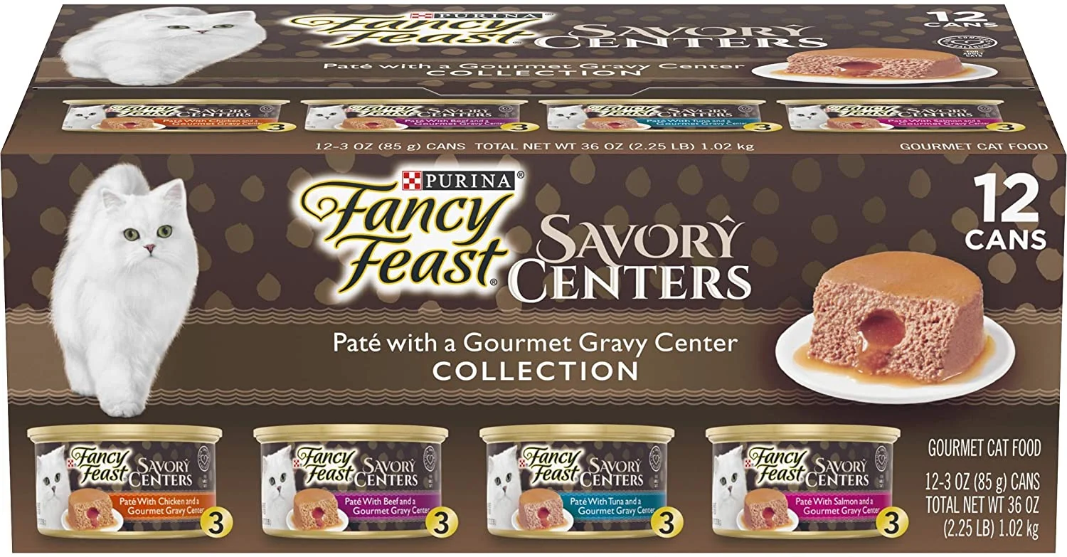 Purina Fancy Feast Pate Wet Cat Food Variety Pack, Savory Centers Pate With a Gravy Center – (2 Packs of 12) 3 oz. Pull-Top Cans