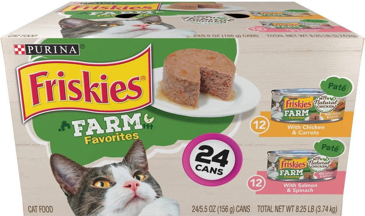 Purina Friskies Farm Favorites Chicken & Carrots & Salmon & Spinach Pate Wet Cat Food Variety Pack, 5.5-oz can, case of 24